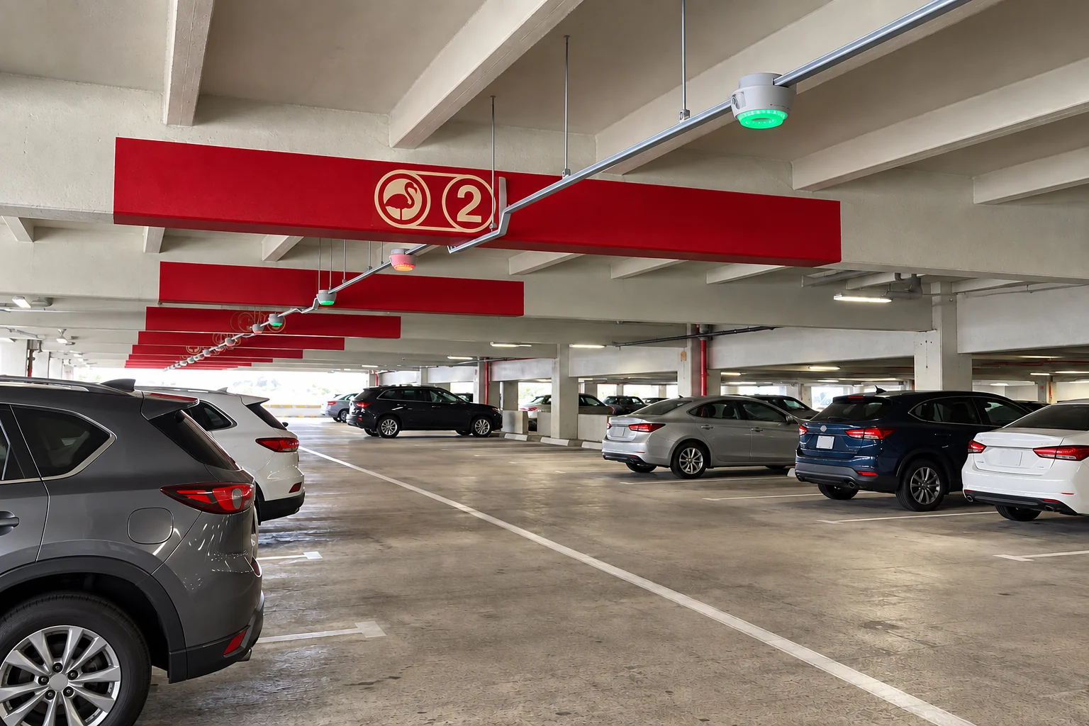 Parked cars beneath red Level 2 markers inside Miami airport's Flamingo Garage