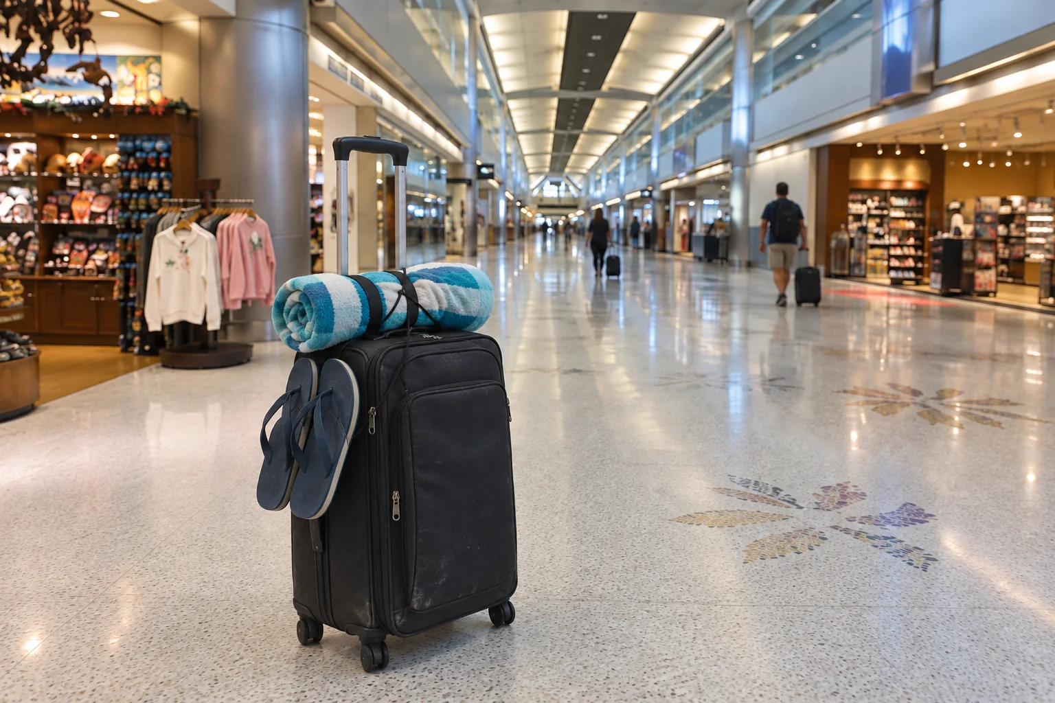 A suitcase with a beach towel and flip-flops strapped on in an airport concourse