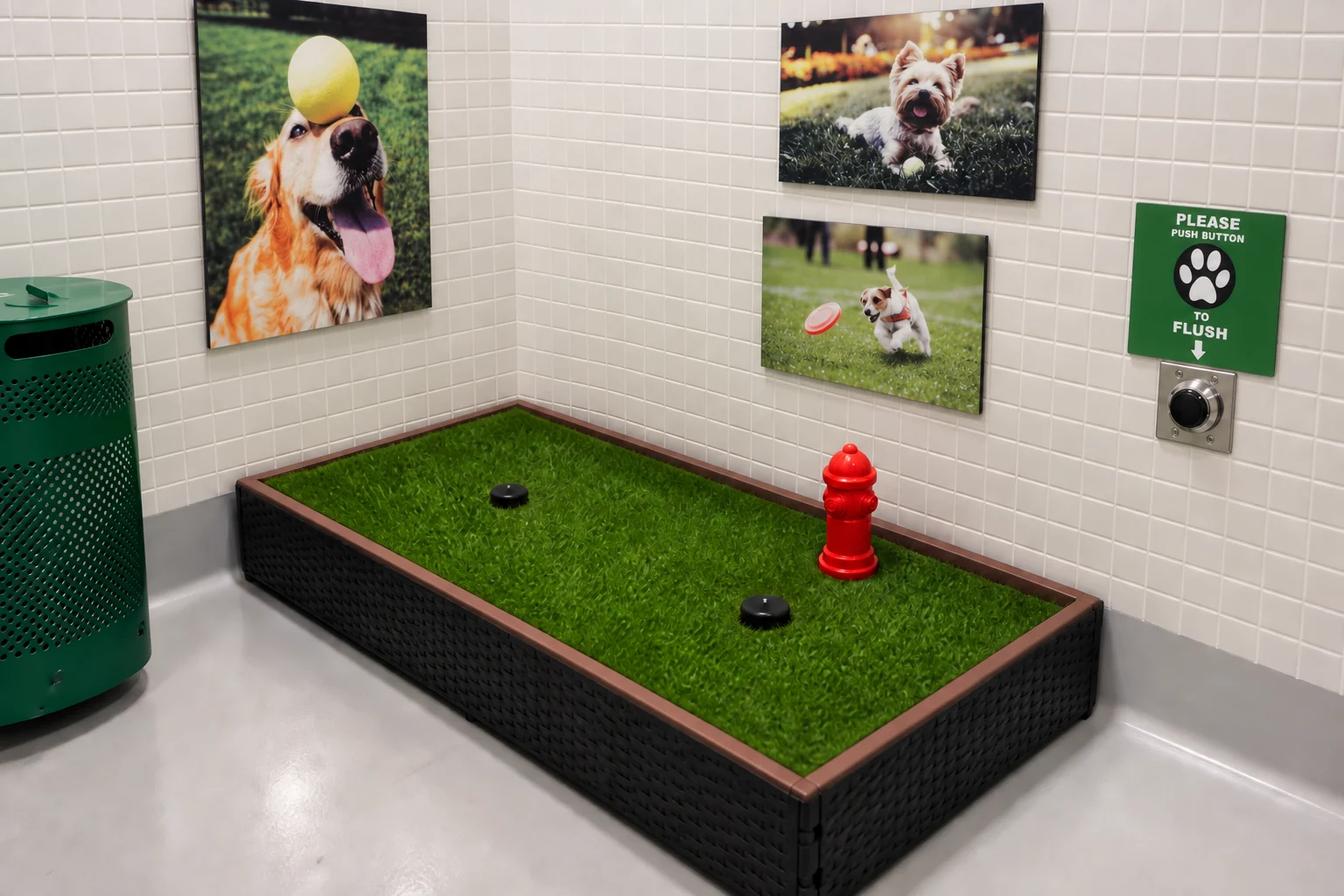 Artificial turf, miniature fire hydrant and flush control inside a Miami airport pet-relief room