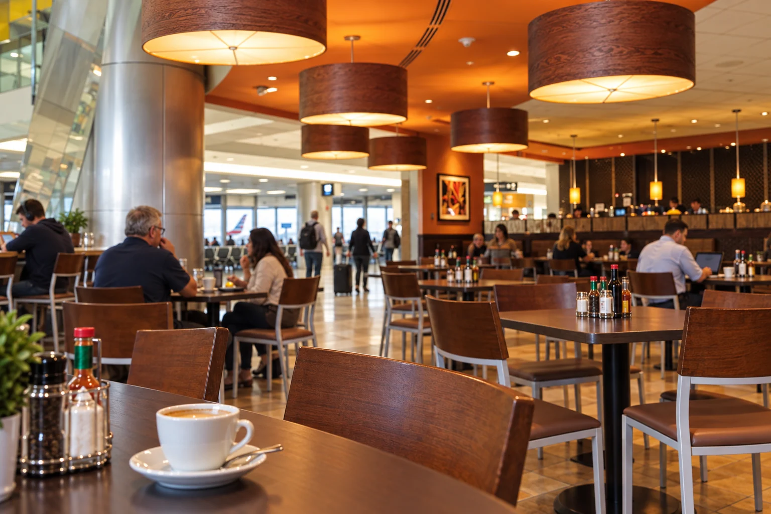 Tables and travelers beneath the orange ceiling of La Carreta's airport dining room