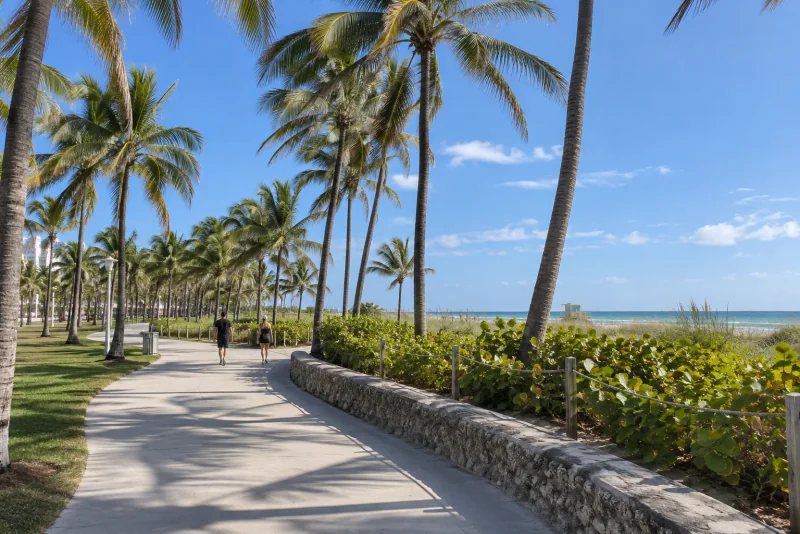 The palm-lined path through Lummus Park in South Beach in the early morning