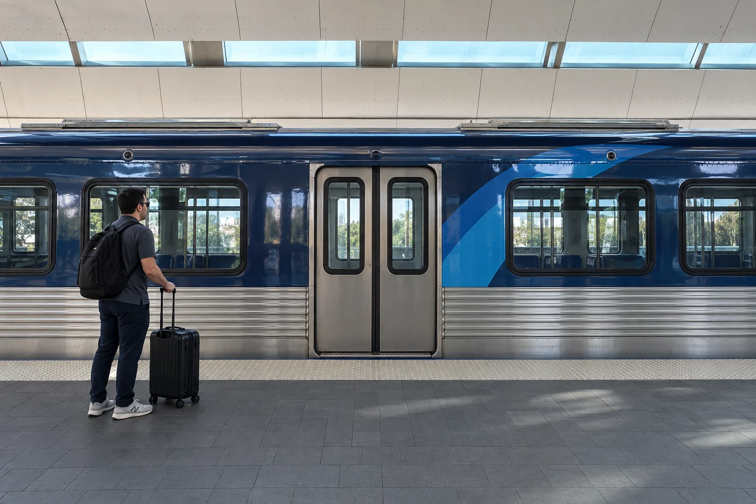 A traveler with a carry-on beside a Metrorail train at Miami Intermodal Center