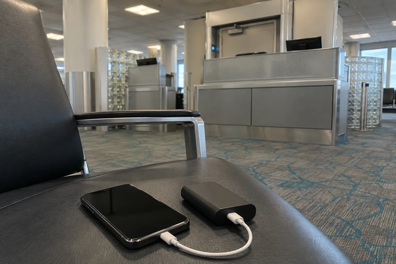 A phone charging from a power bank on a gate seat