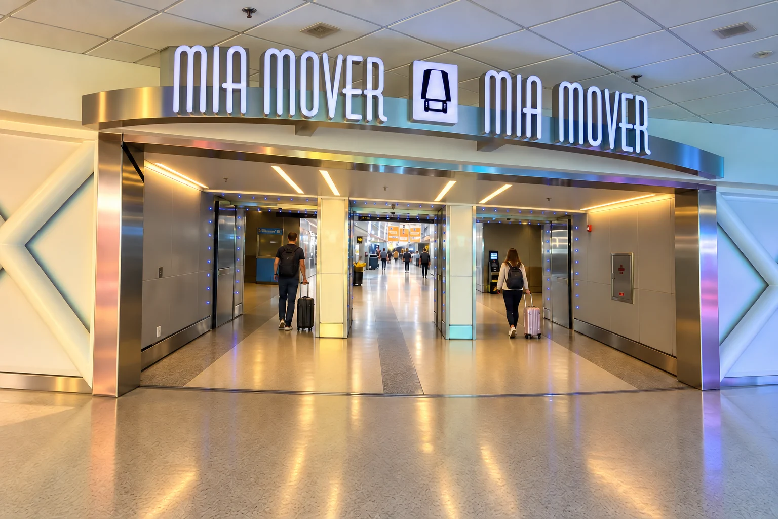Travelers entering the illuminated MIA Mover airport station