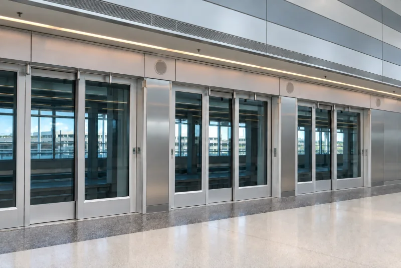 Glass platform doors at a MIA Mover station