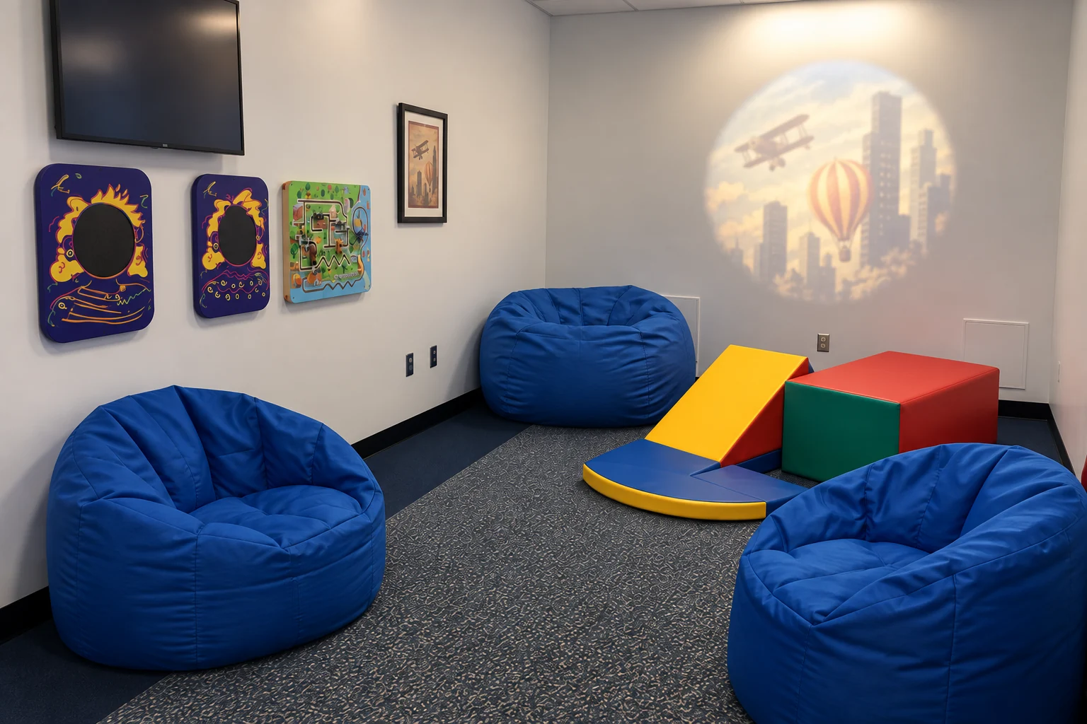 Blue beanbag chairs, tactile wall panels and soft-play shapes inside Miami airport's multi-sensory room