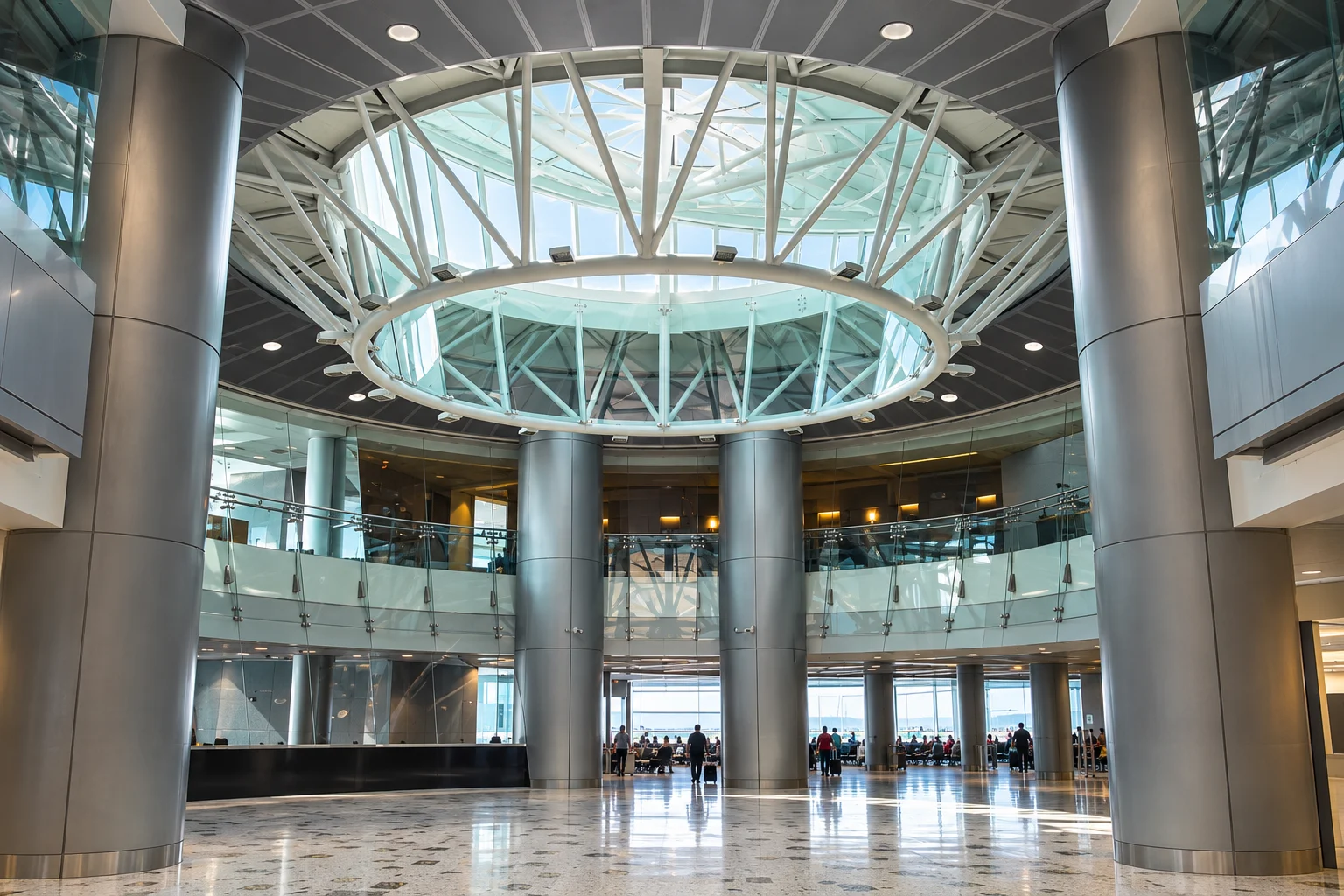 North Terminal Concourse D interior with its skylit ceiling and terrazzo floor
