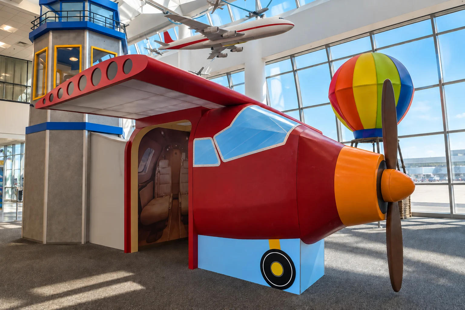 The colorful airplane, tower and balloon structures in Miami airport's Plane Fun children's area