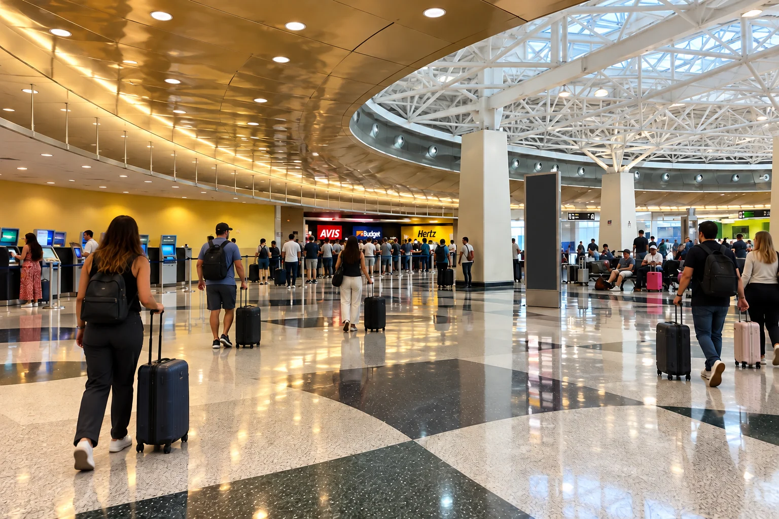 Travelers with luggage in Miami's Rental Car Center hall beneath its curved gold ceiling