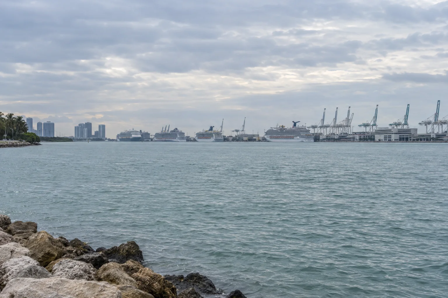 Cruise ships docked at PortMiami seen across the water