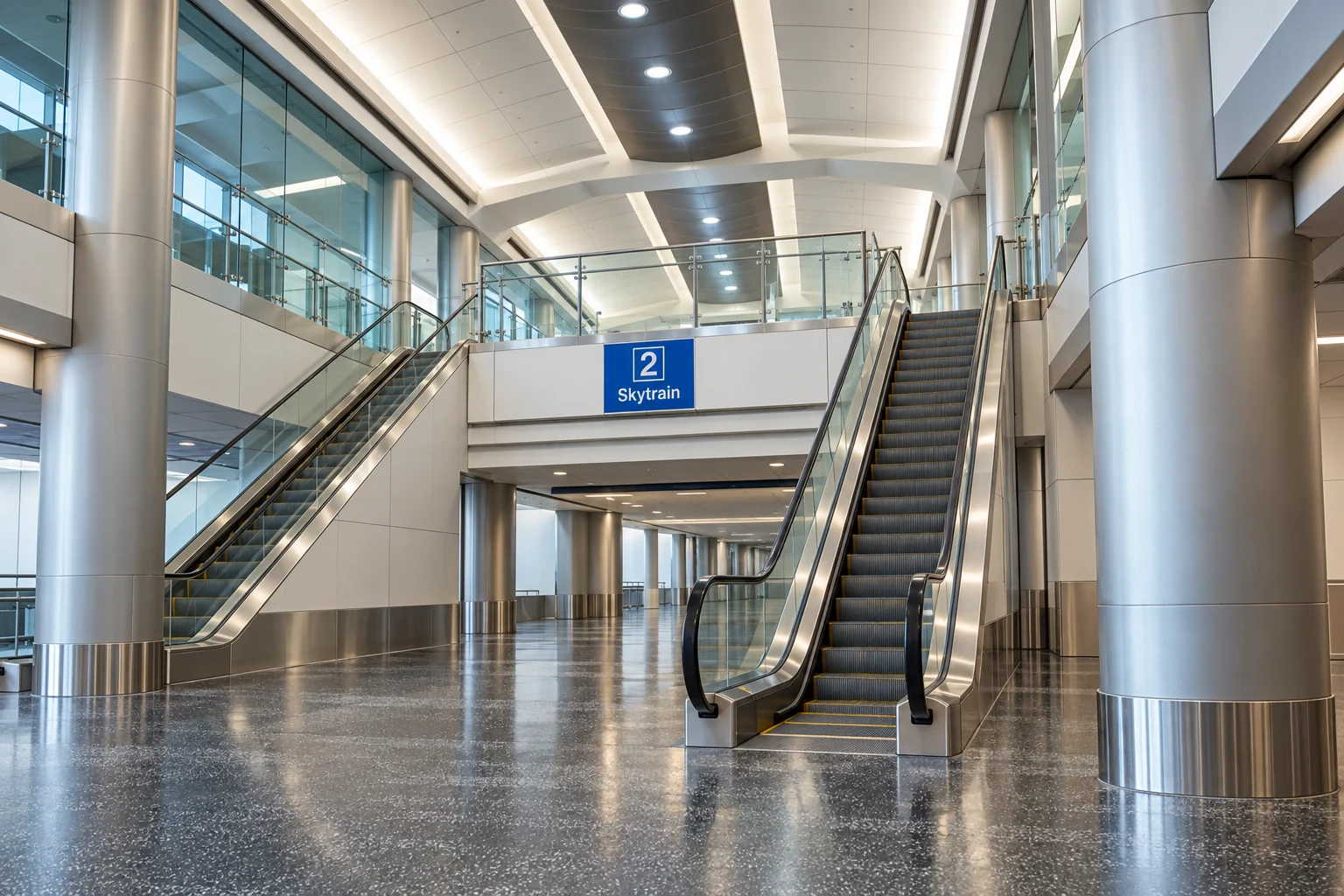 Escalators up to the Skytrain level under a Skytrain sign