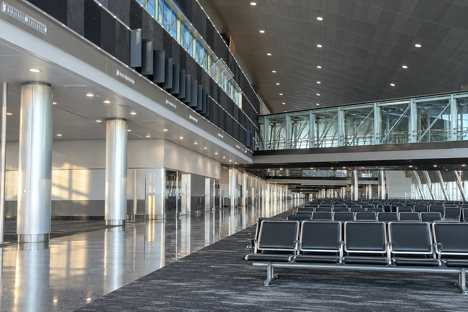 Rows of empty gate seats in a quiet concourse
