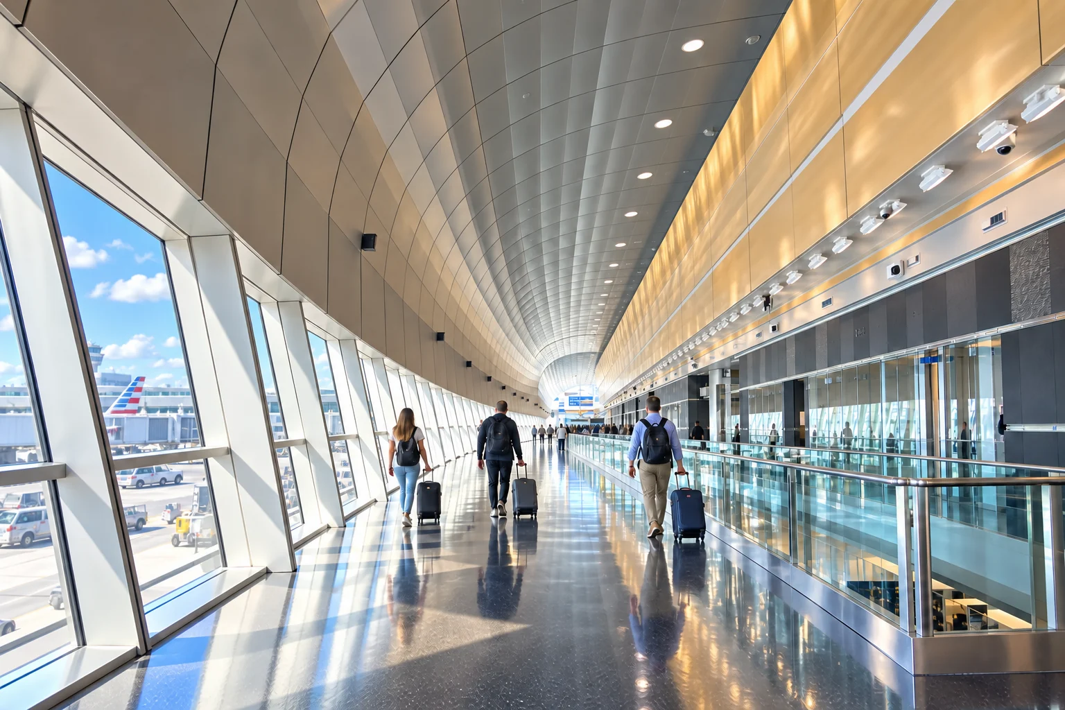 Travelers in the sunlit Concourse J corridor beneath its curved roof