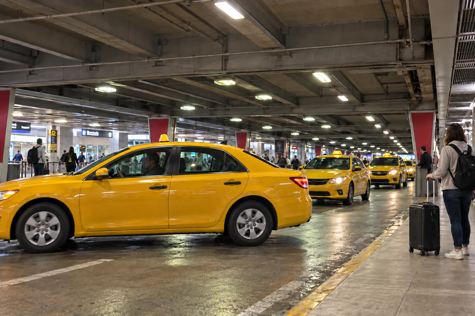 Travelers waiting beside a line of yellow taxis under Miami airport's covered arrivals curb