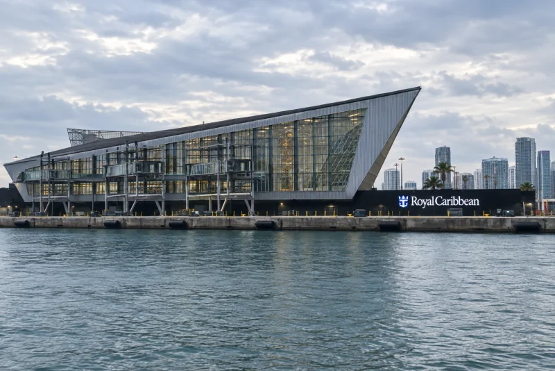 PortMiami's crown-shaped Cruise Terminal A beside the channel