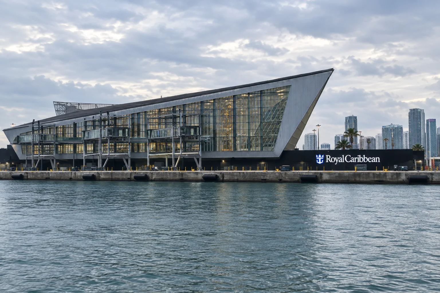 PortMiami's crown-shaped Cruise Terminal A beside the channel