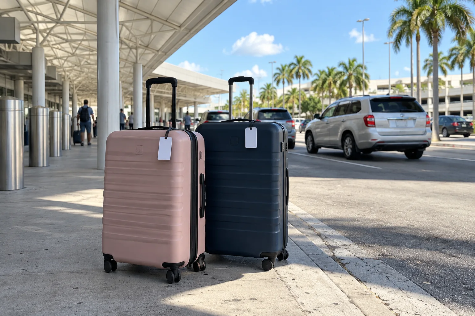 Two suitcases with cruise tags at an airport arrivals curb