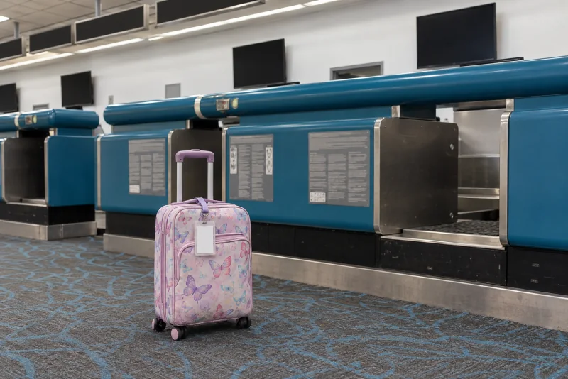 A small wheeled suitcase and a lanyard pouch at a check-in counter