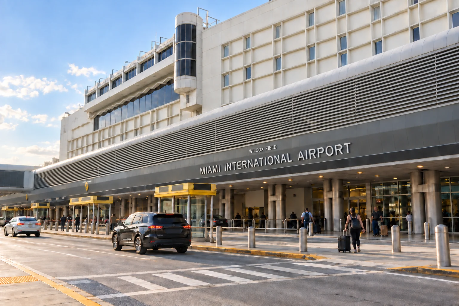 The Wilcox terminal frontage and arrivals curb at Miami International Airport in morning light